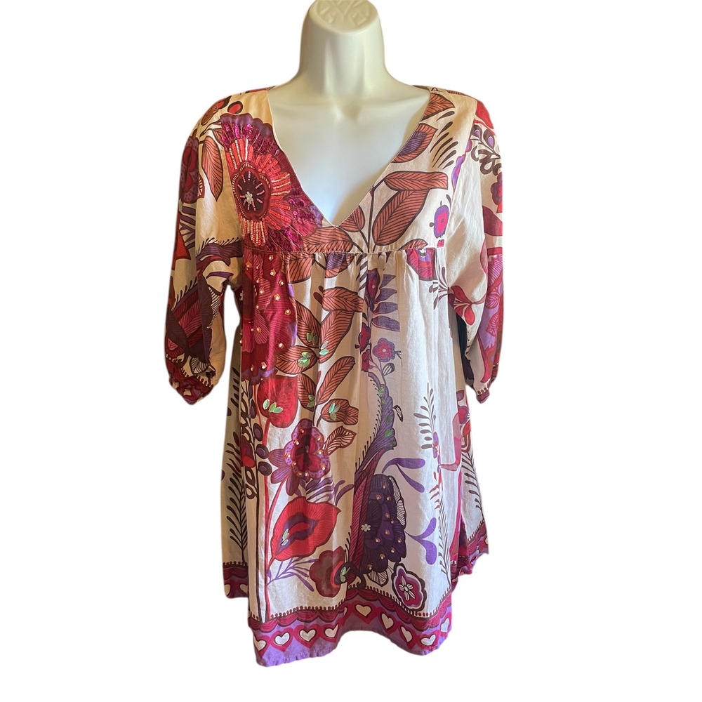 Luna Llena‎ Floral Tunic Top Beaded Embellished Bohemian Blouse Size S